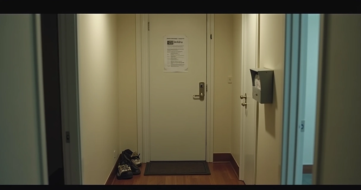 Porta de apartamento fechada com aviso de ocupação 