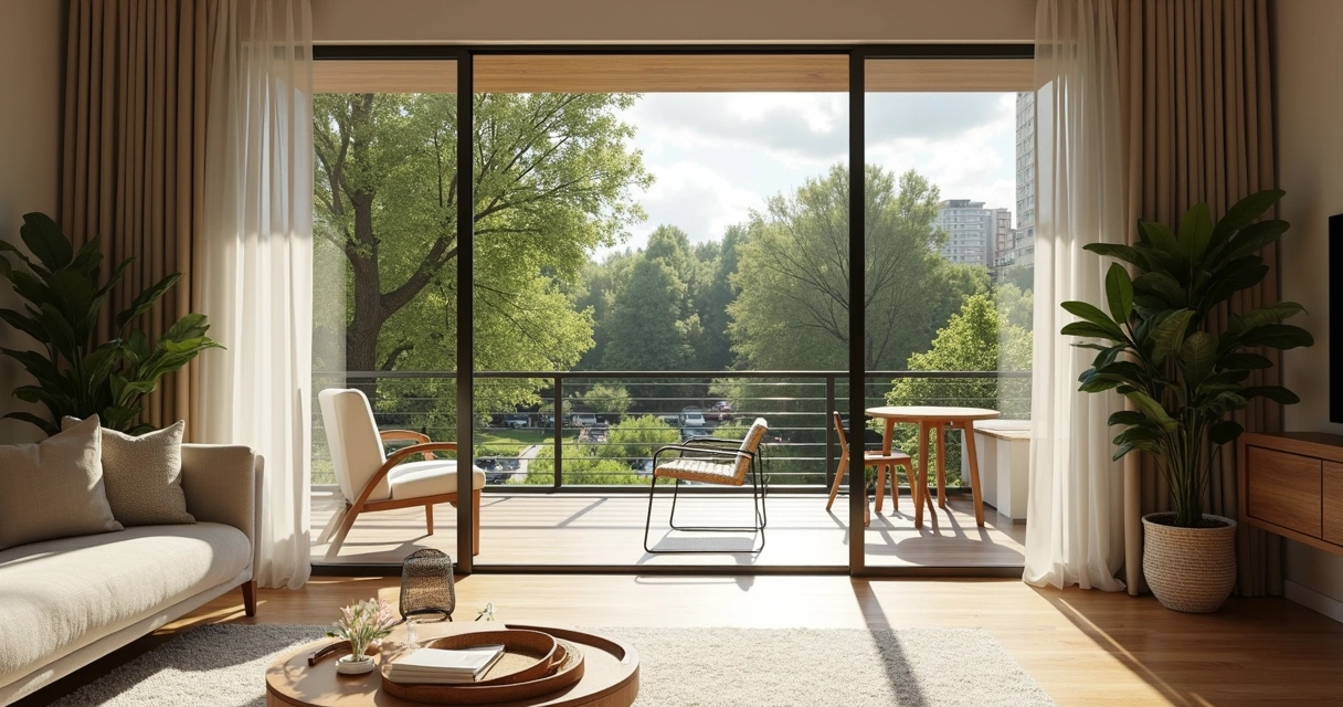 Sala de apartamento com varanda e vista para Parque Prado 