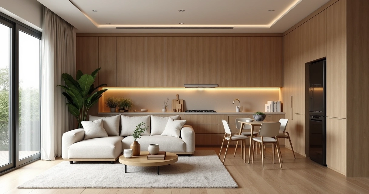 Apartamento pequeno com móveis planejados modernos e funcionais integrados na sala de estar e cozinha compacta 