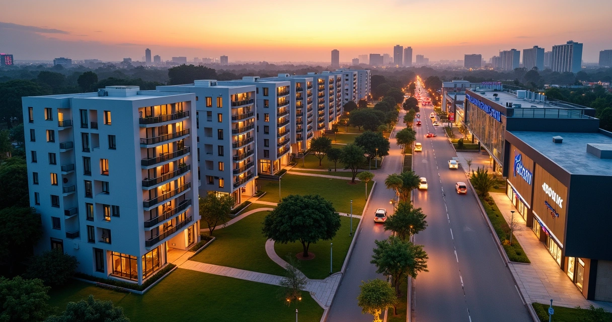 Vista aérea de condomínio residencial ao lado de shopping em Campinas ao entardecer 