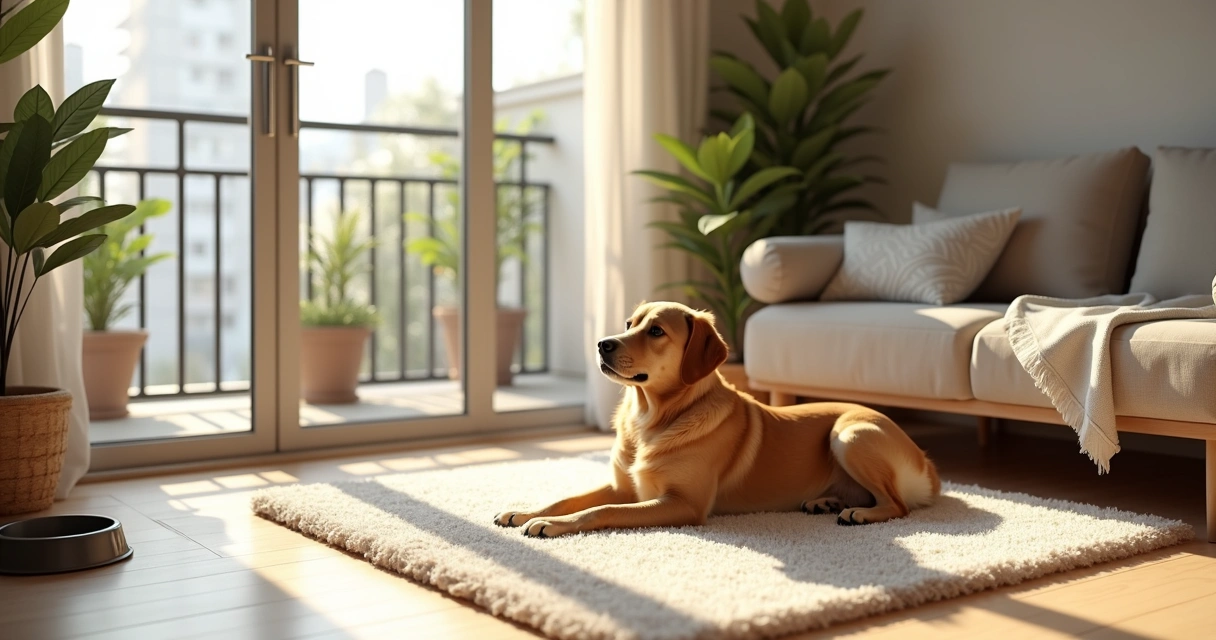 Sala com varanda protegida por tela, plantas e cachorro deitado no tapete 