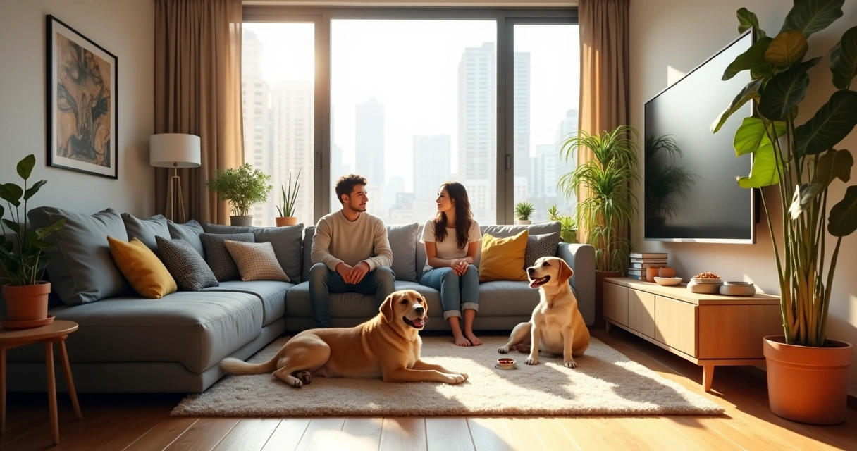 Sala de apartamento compartilhado com jovens e dois cachorros. 