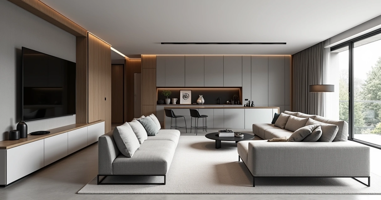 Vista ampla de apartamento contemporâneo com móveis planejados cinza e detalhes em carvalho belga 