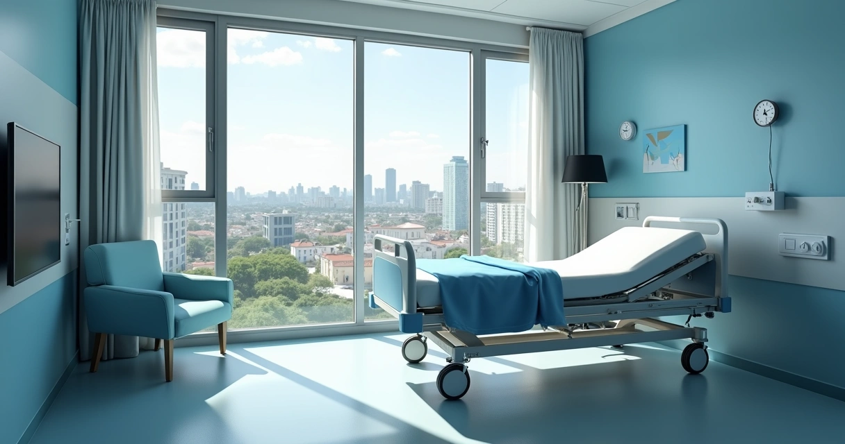 Quarto de internação individual em hospital, com cama, poltrona e janela ampla