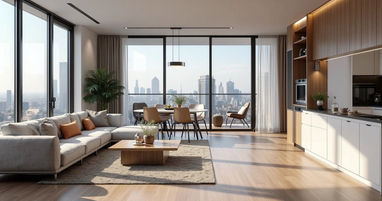 Sala de apartamento moderno com planta inteligente e móveis claros 