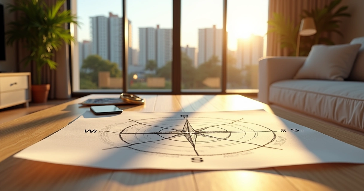 Planta de apartamento com bússola indicando orientação solar sobreposta a janela iluminada 