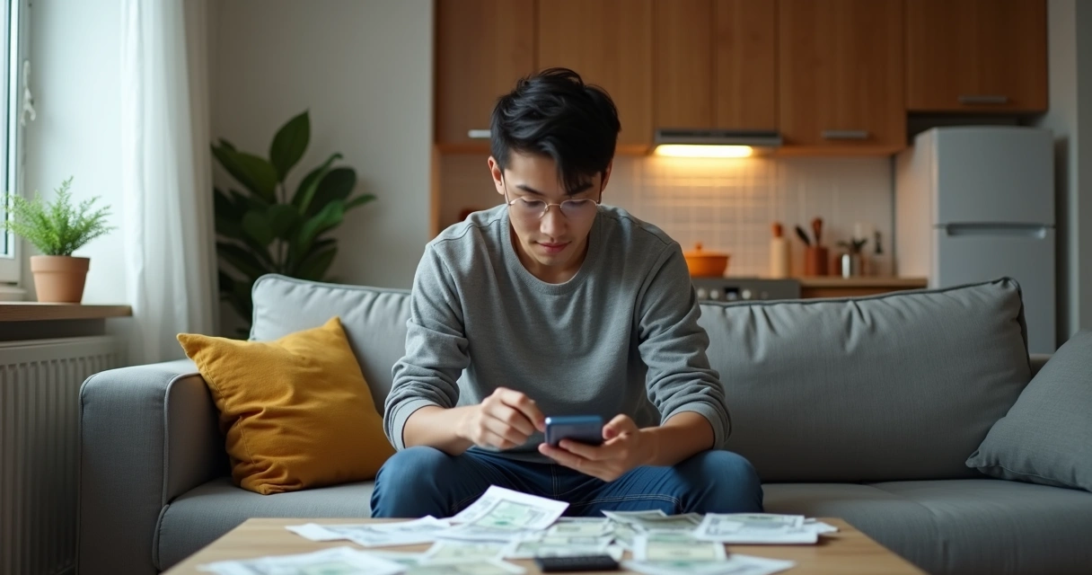 Pessoa mexendo no celular enquanto vê contas em apartamento