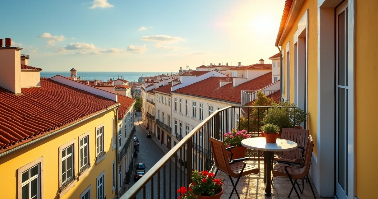 Apartamento mobiliado com varanda em Lisboa, vista para prédios históricos e céu azul ao entardecer 