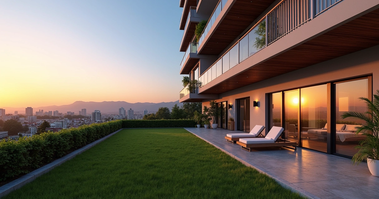 Apartamento moderno com varanda ampla e vista urbana em Campinas, céu azul ao entardecer 