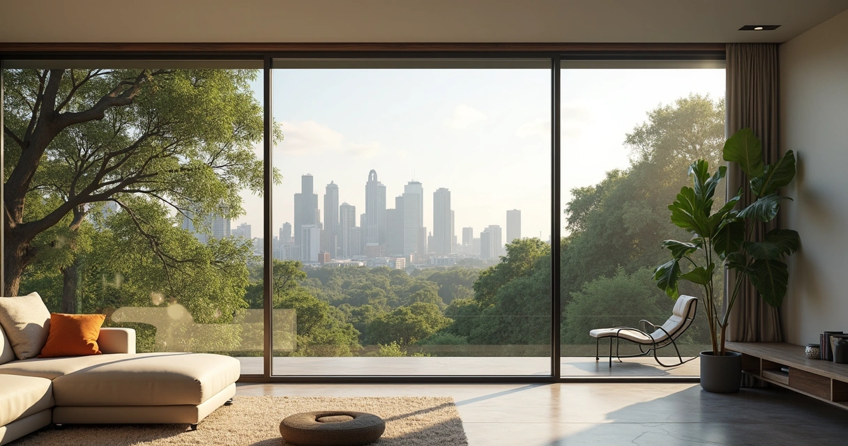 Vista de um apartamento moderno com janela ampla e skyline de Campinas ao fundo 