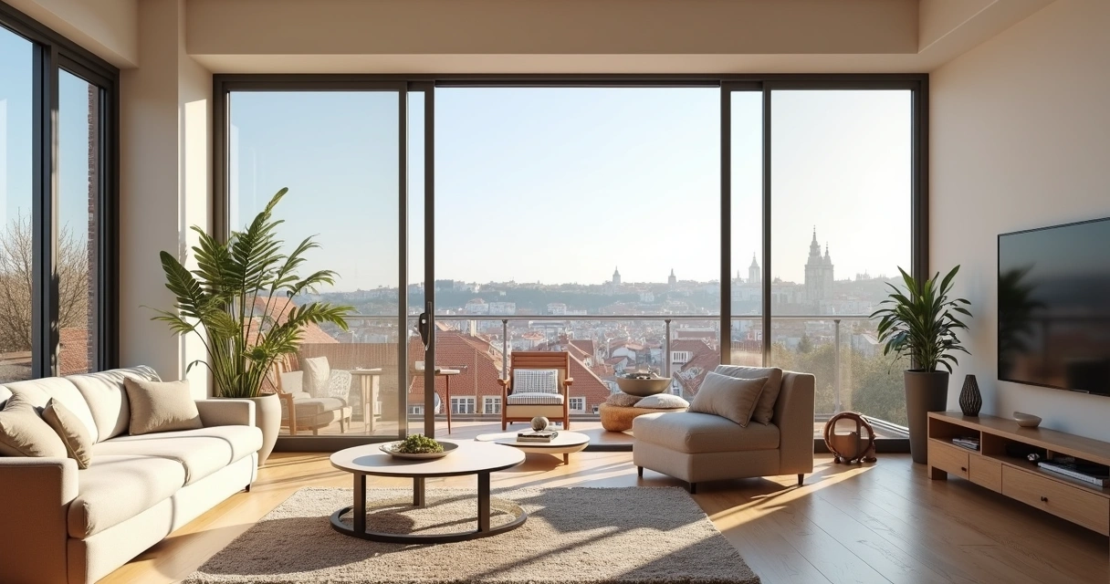 Sala de apartamento moderno com vista para Lisboa 
