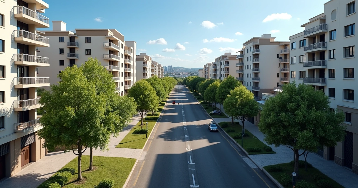 Vista aérea de prédios de apartamentos cercados por ruas arborizadas e comércio local 