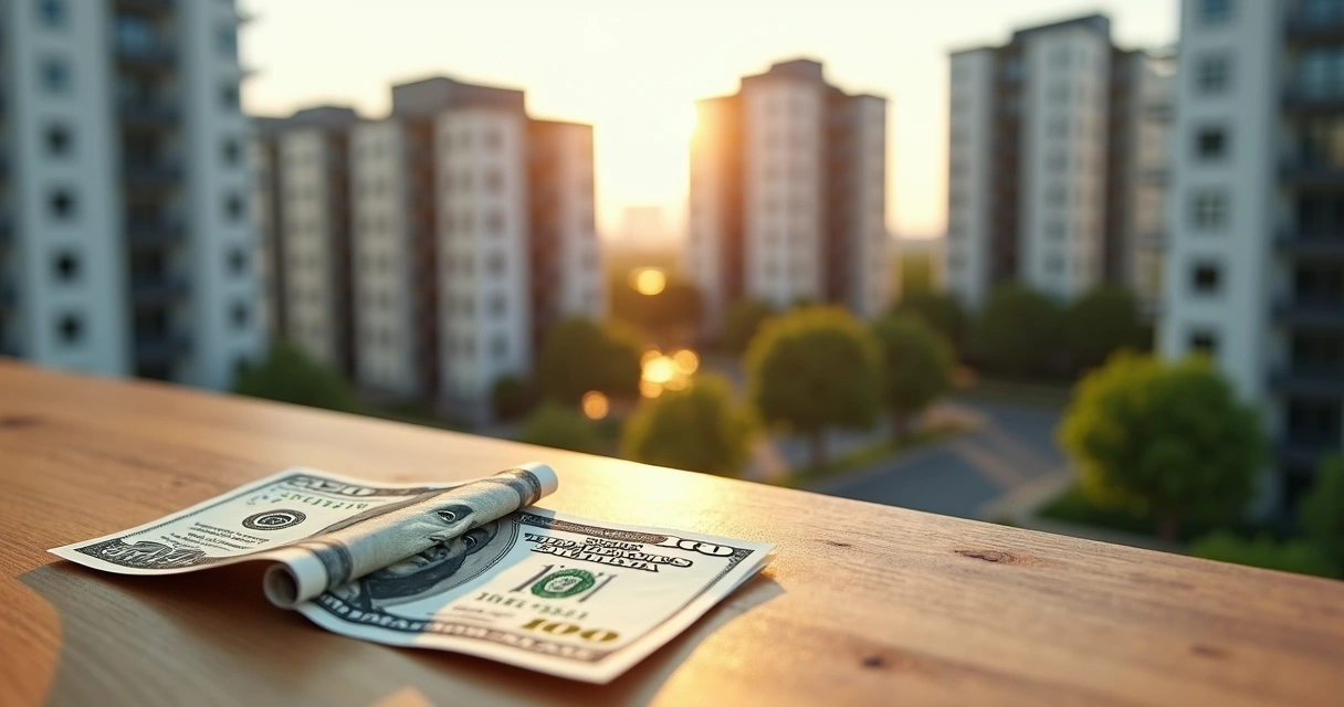 Vista superior de apartamentos modernos ao lado de notas de dólar. 