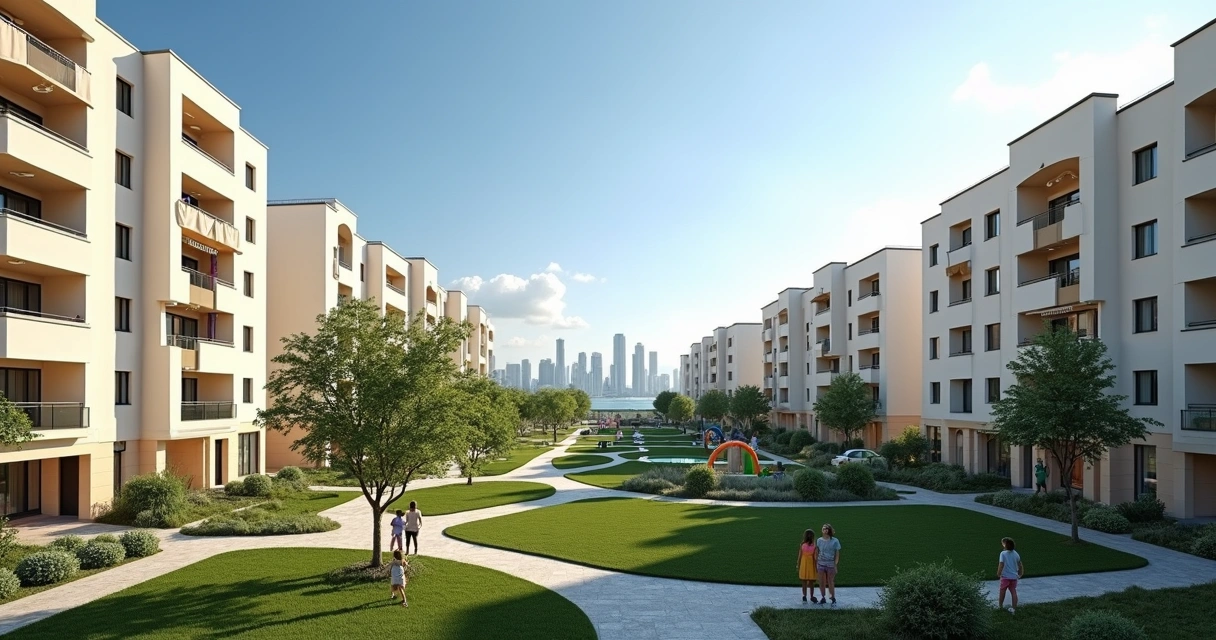 Prédios residenciais padrão HIS e HMP, fachada simples e áreas comuns verdes 