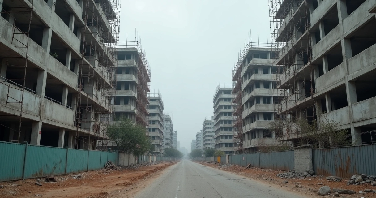 Apartamentos inacabados com tapumes, céu nublado ao fundo 