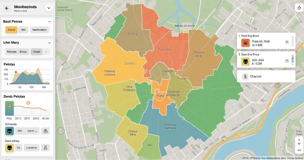 Mapa interativo de Pelotas mostrando regiões com diferentes valores de apartamentos, pontos de interesse urbanos e gráficos de valorização 