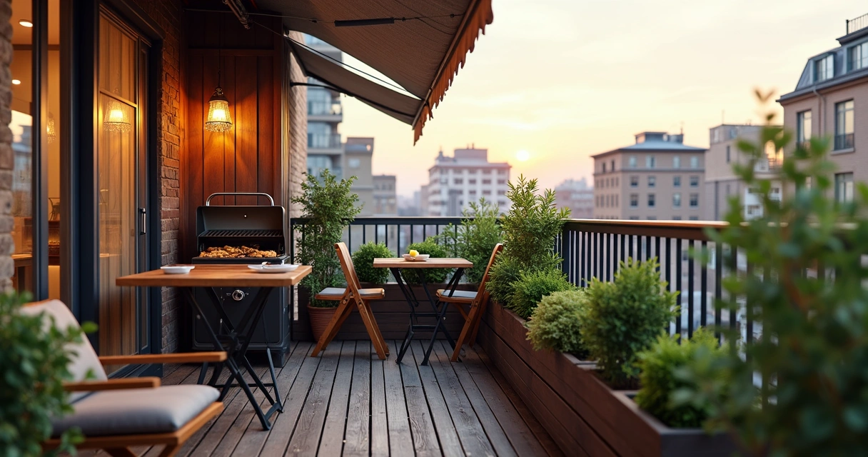 Small balcony with compact barbecue area and cozy seating 