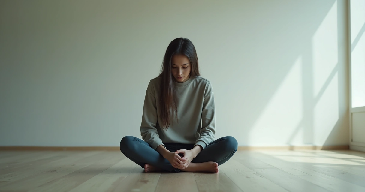 Pessoa olhando para baixo com expressão apática sentado em ambiente fechado 