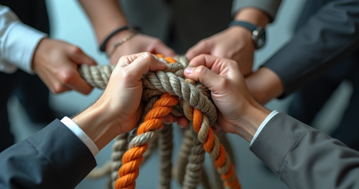 Pessoa segurando várias cordas entrelaçadas com forte expressão de controle. 