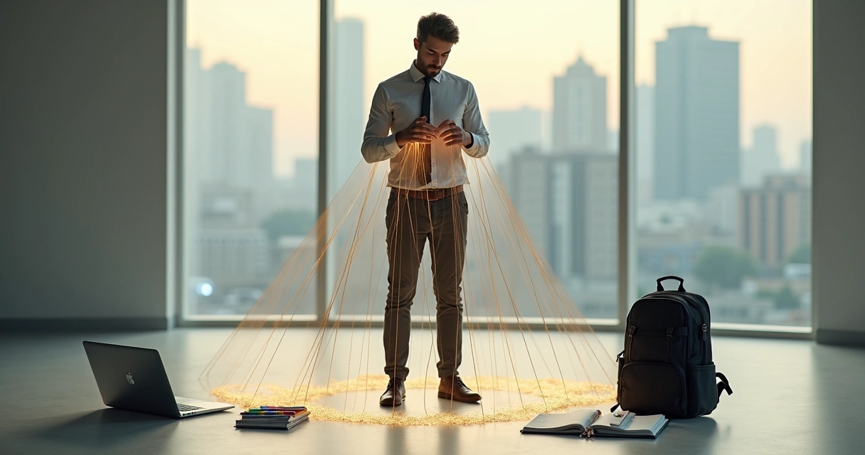 Profissional segurando fios finos conectados a escolhas de carreira 