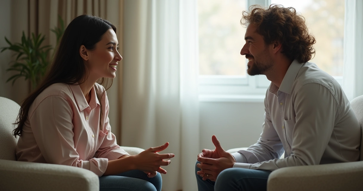 Duas pessoas conversando, uma escutando com atenção e empatia