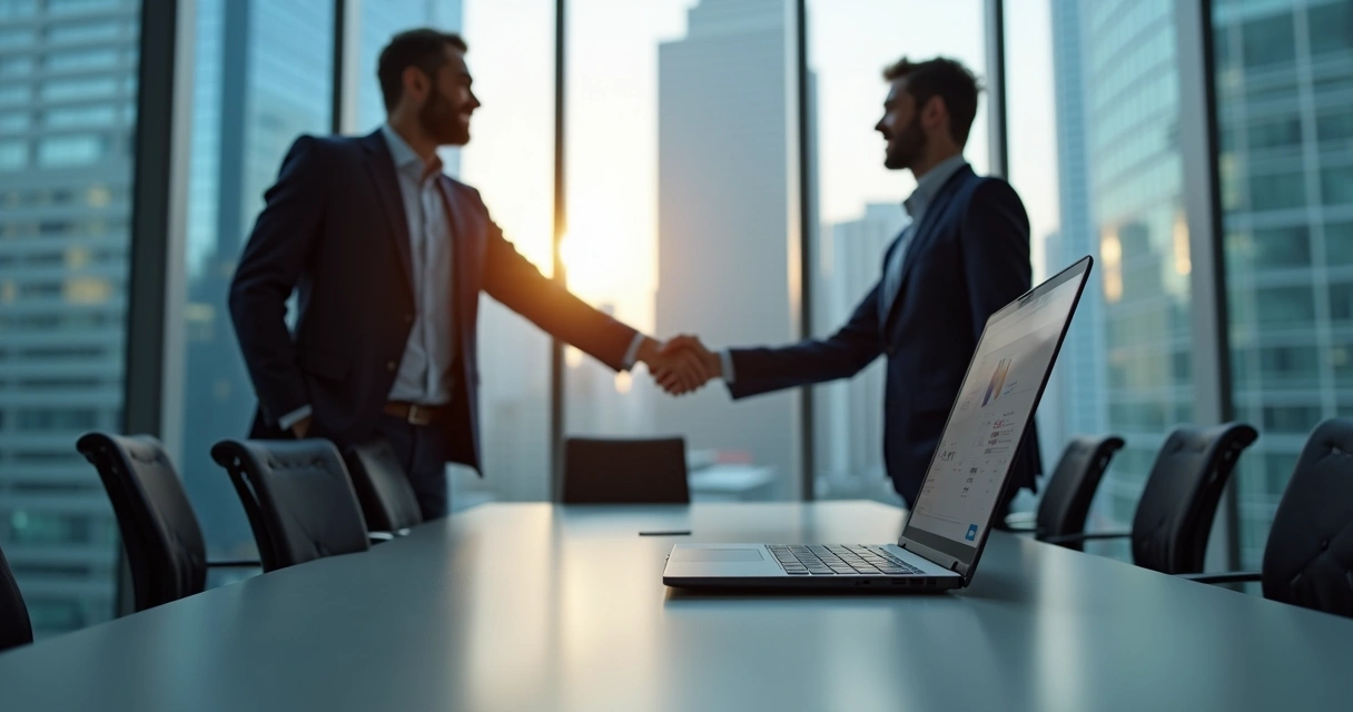 Fundadores apertando as mãos após reunião de vendas B2B 