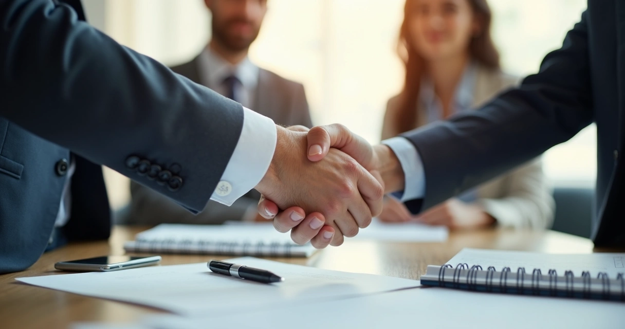 Aperto de mãos após acordo em ambiente corporativo