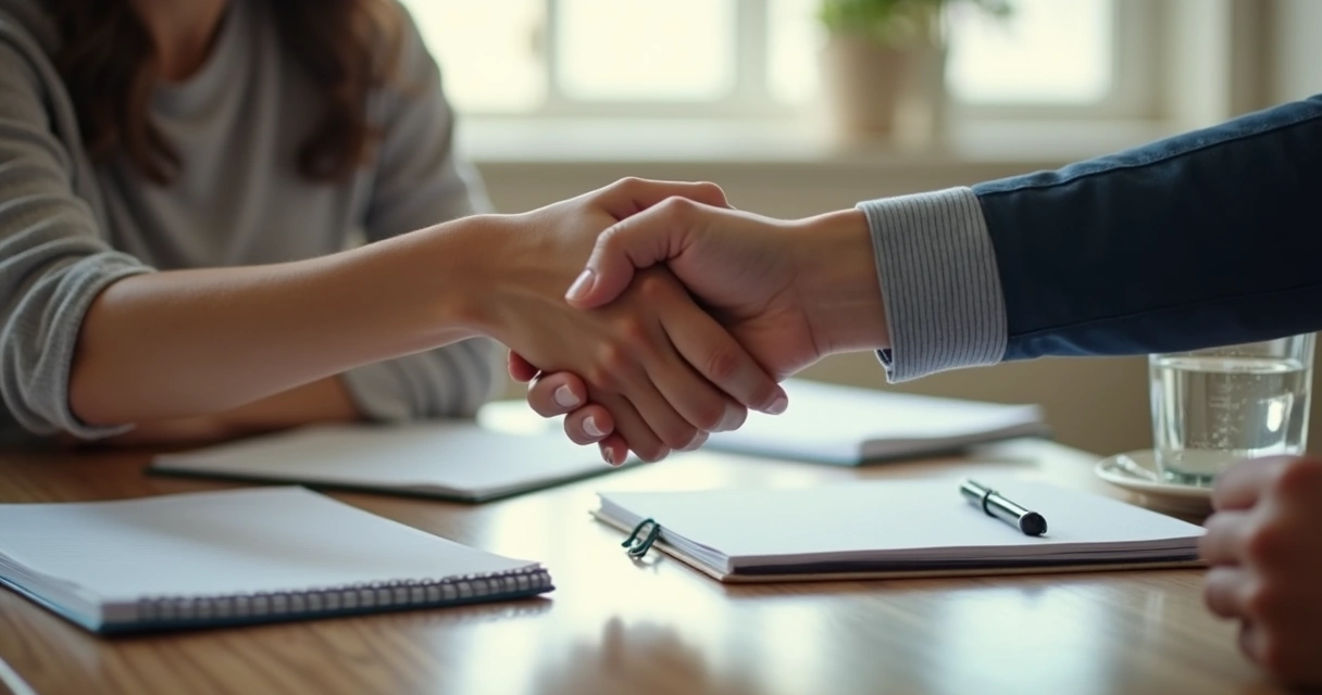 Duas pessoas firmando acordo após conversa 