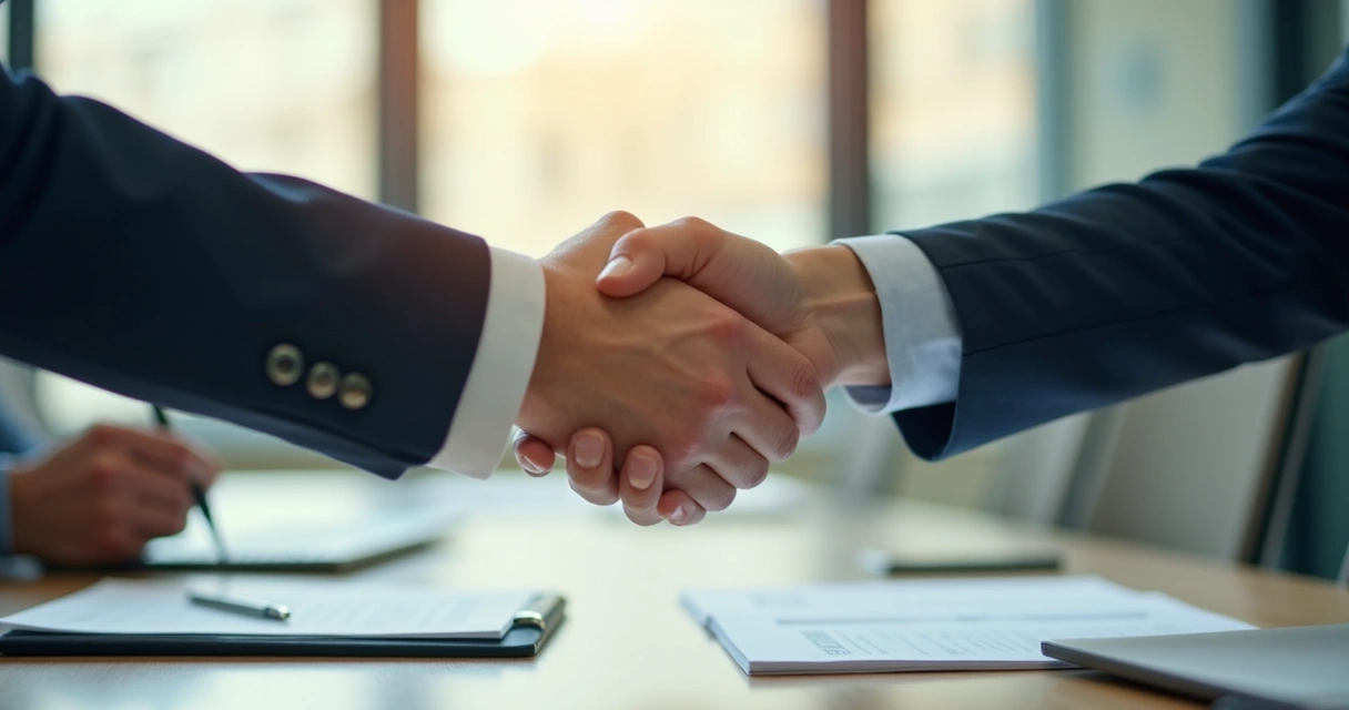 Aperto de mãos entre parceiros em ambiente corporativo