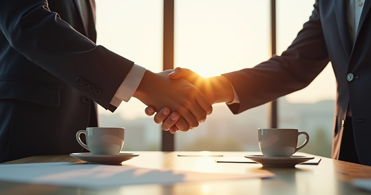 Aperto de mãos entre duas pessoas em ambiente corporativo