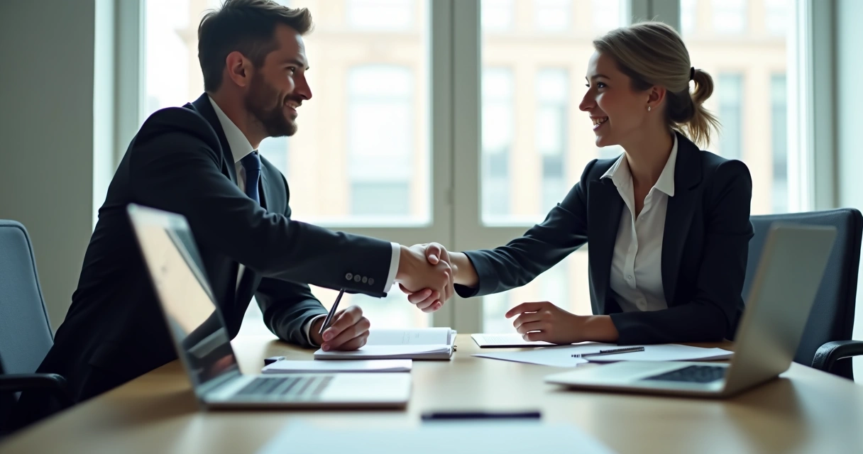 Colegas de trabalho dando aperto de mãos durante conversa 