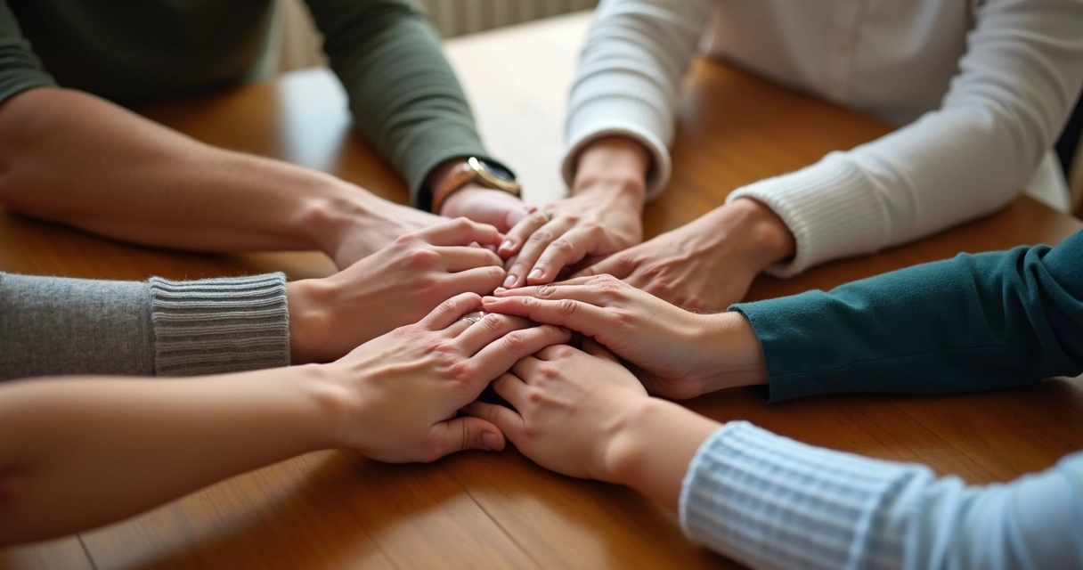 Mãos de familiares se tocando simbolizando reconciliação 
