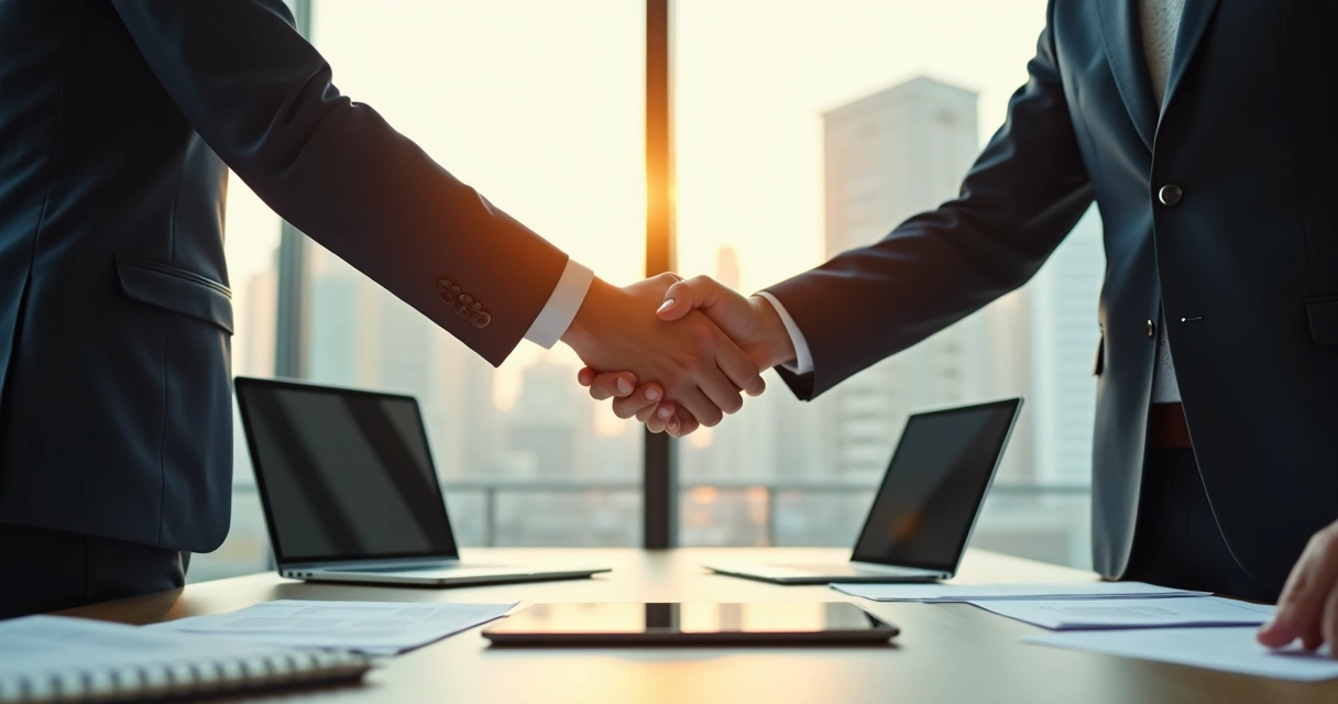 Duas pessoas de terno apertam as mãos em uma mesa de reunião com laptops e papéis 