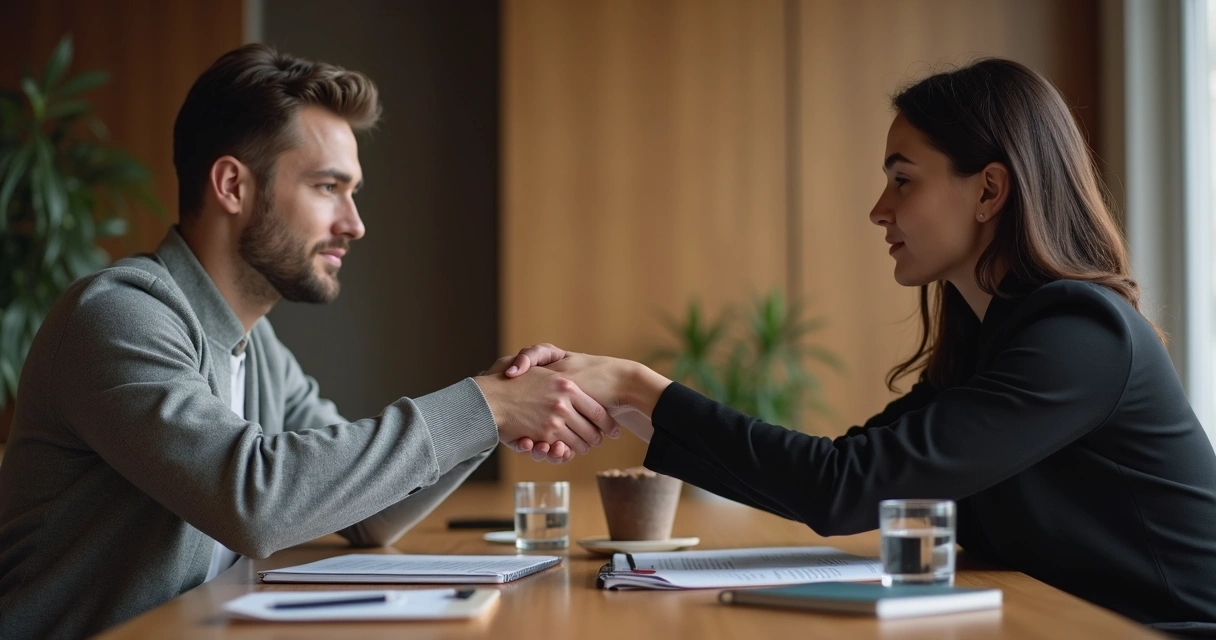 Duas pessoas em um aperto de mãos reflexivo na mesa, simbolizando apoio emocional 