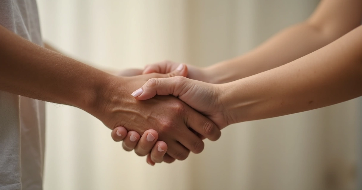Duas mãos se tocando de forma solidária, uma apoiando a outra em um fundo suave.