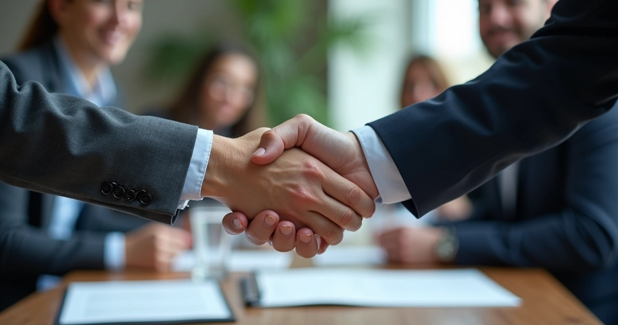 Aperto de mão entre empresário de agência digital e executivo após negociação bem-sucedida em evento