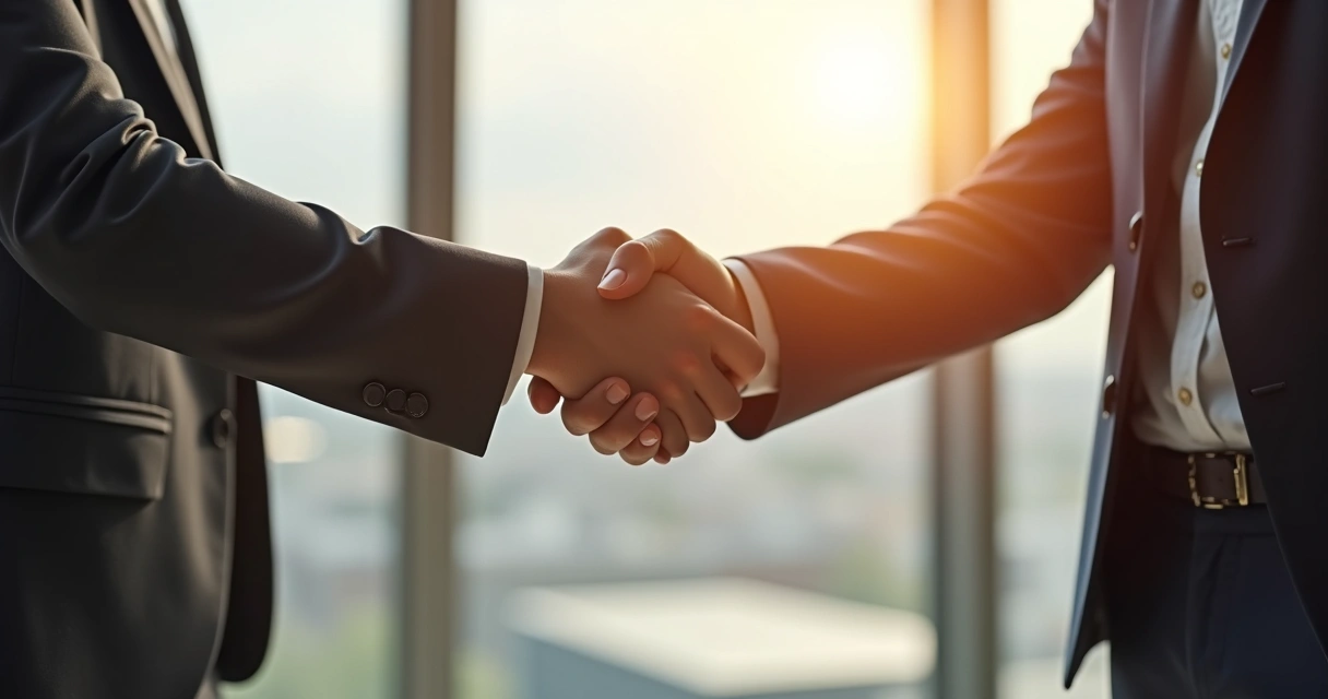 Duas pessoas apertando as mãos, firmando uma parceria em escritório moderno. 