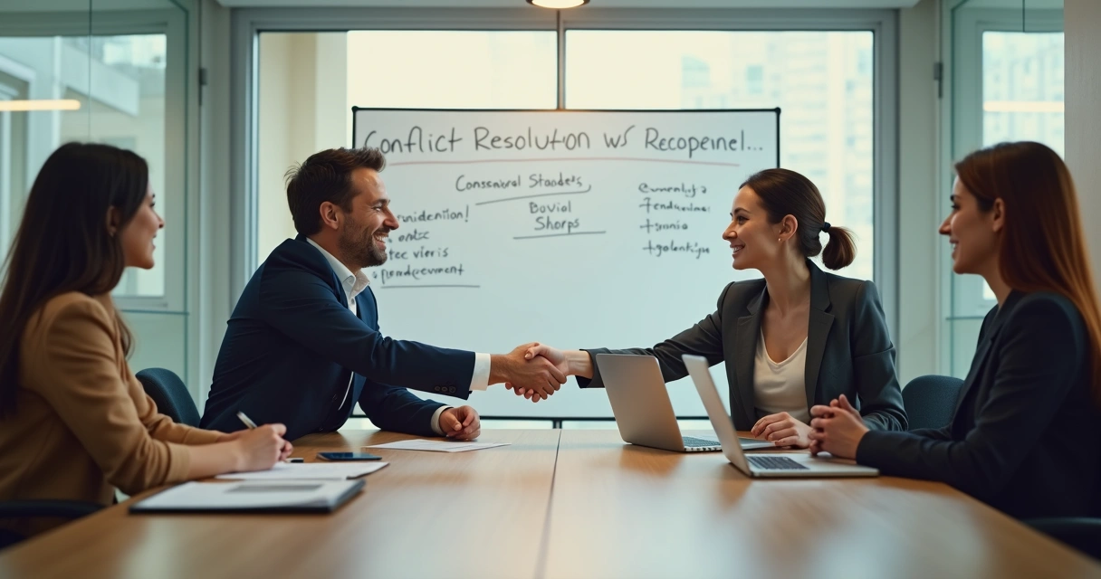 Aperto de mão entre colegas após resolver conflito no trabalho 