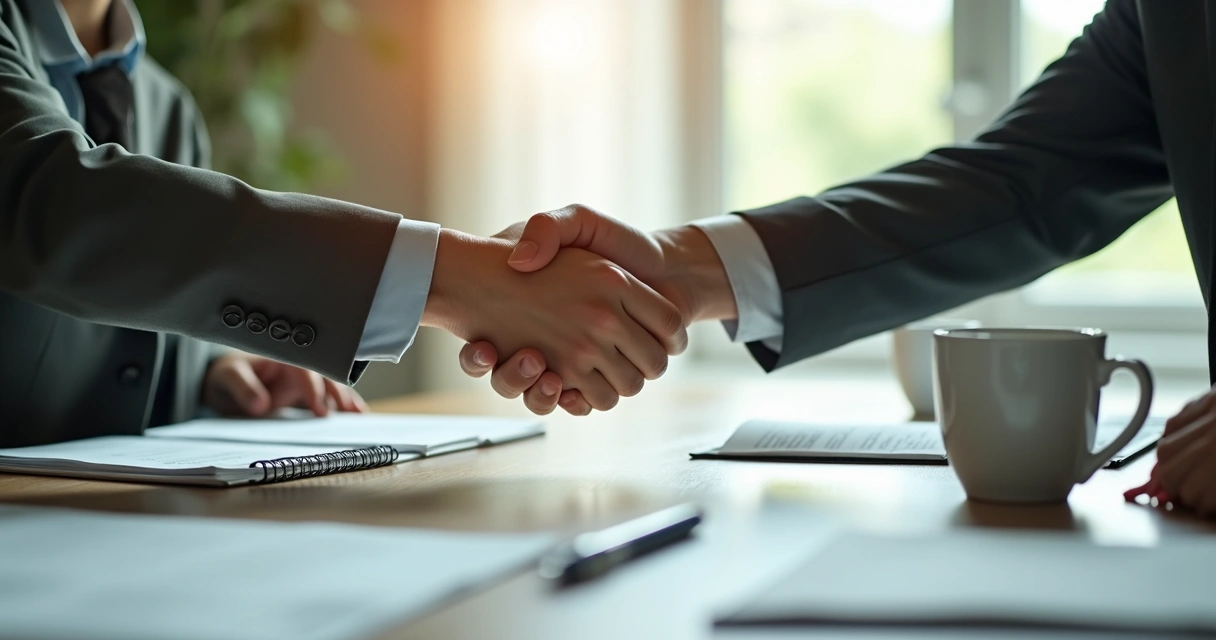 Duas pessoas firmando acordo com aperto de mãos