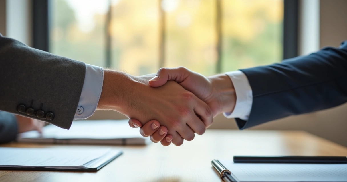 Duas pessoas apertando as mãos após conversa profissional