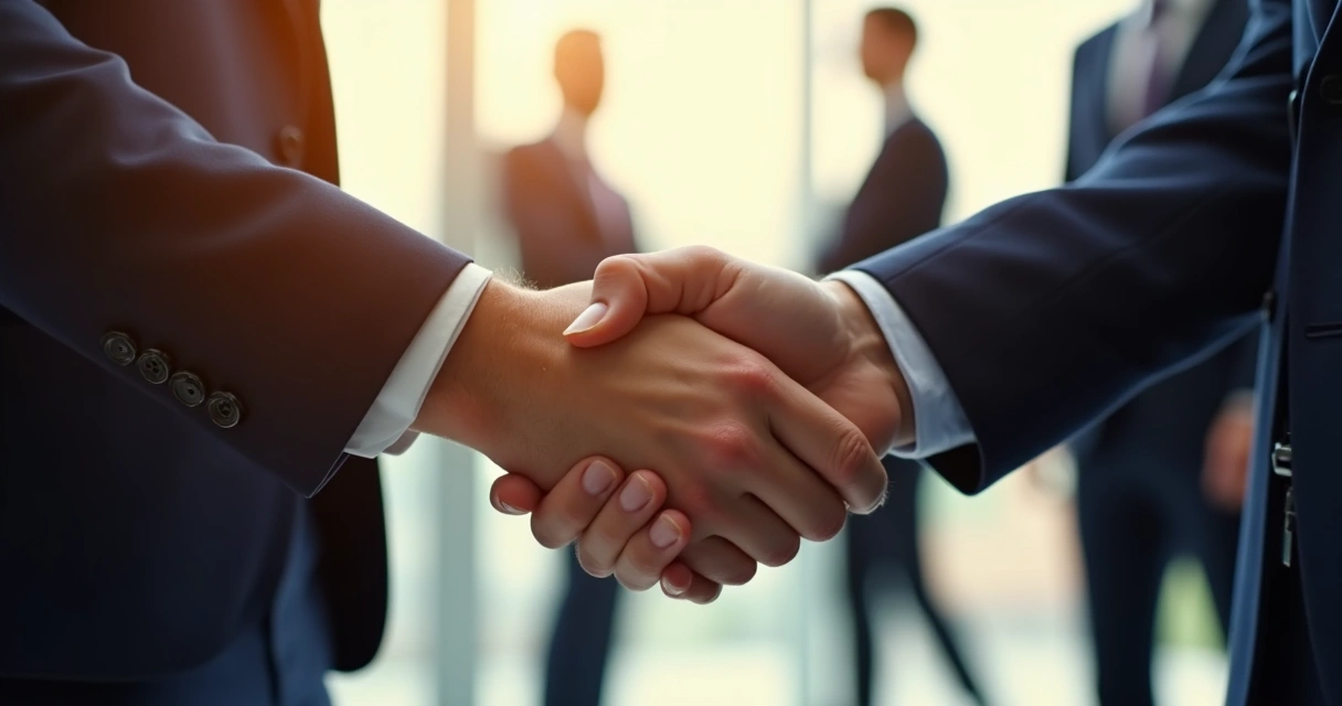Duas pessoas apertando as mãos, em destaque, com uma equipe ao fundo demonstrando aprovação e união 