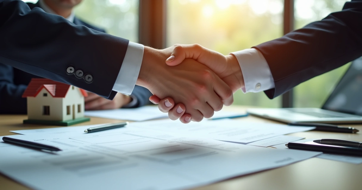 Aperto de mãos após negociação imobiliária bem-sucedida. 