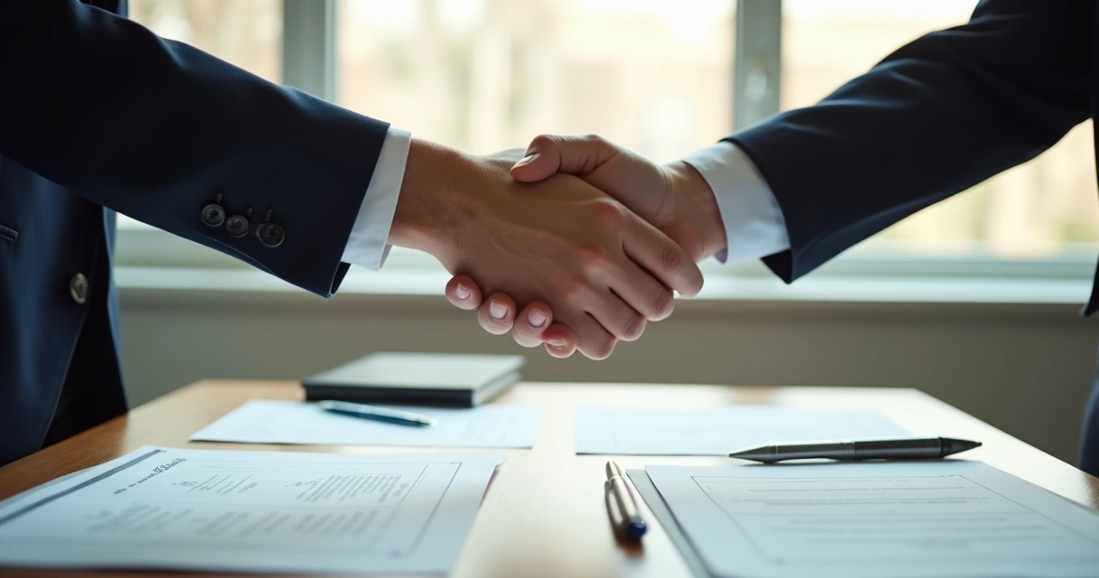 Aperto de mãos entre duas pessoas em escritório com documentos sobre a mesa 