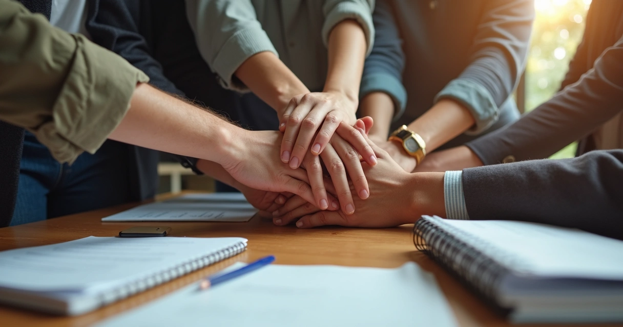 Várias mãos se unindo ao centro em gesto de união de equipe