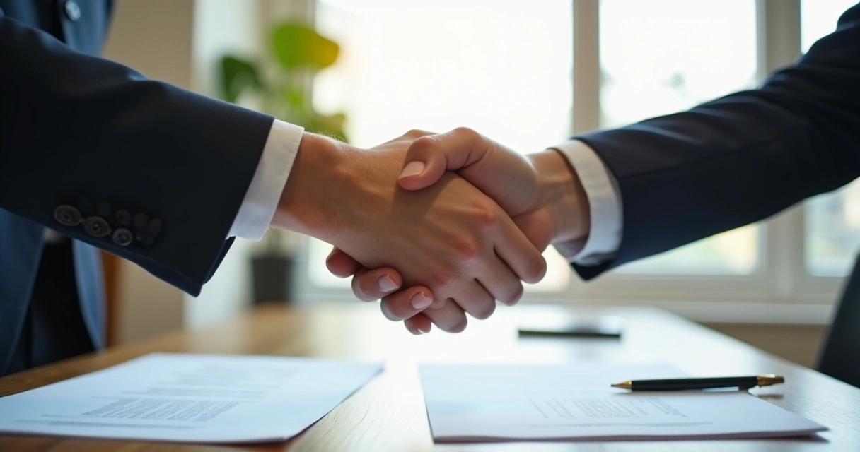 Duas pessoas apertando as mãos em sala de reunião, transmitindo acordo 