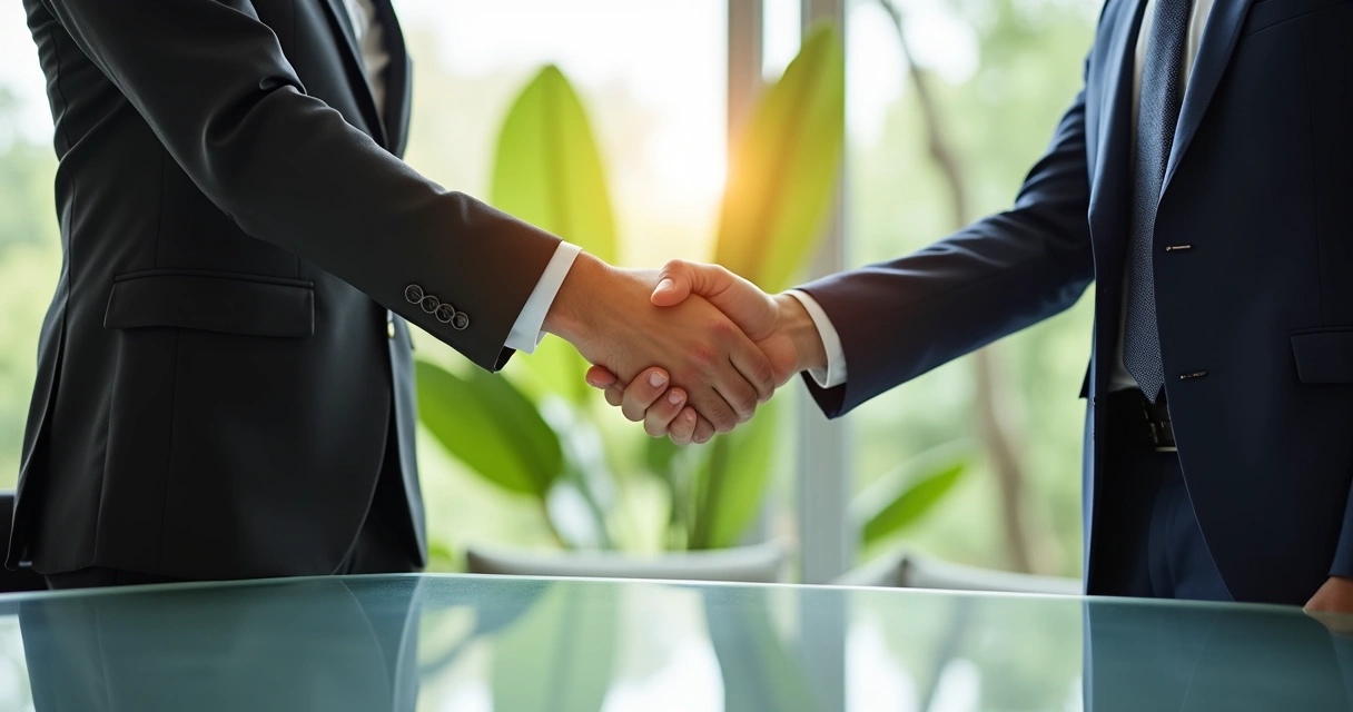 Dois empresários apertando as mãos em sinal de parceria 