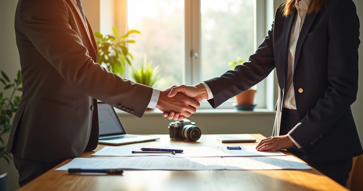 Aperto de mãos entre dois profissionais ao fechar parceria 