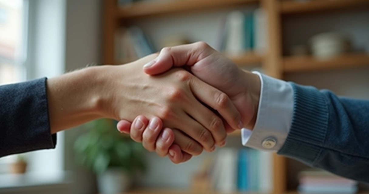 Duas pessoas se cumprimentando cordialmente em consultório 