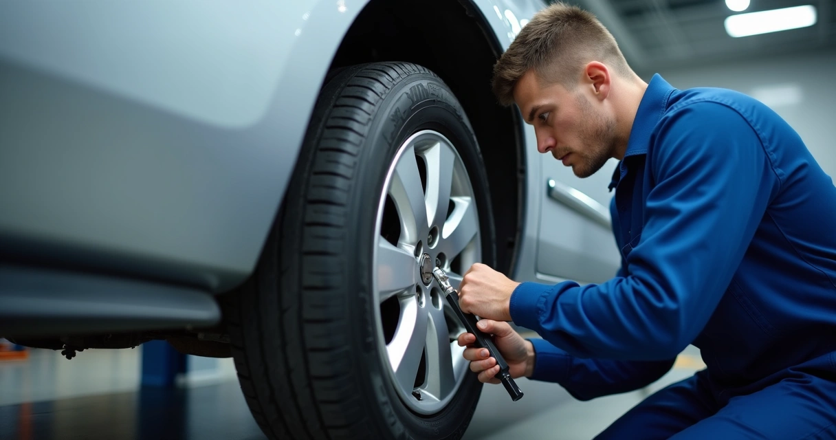 Mecânico utilizando torquímetro para apertar parafuso de roda de carro 