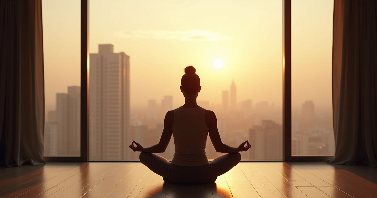 Persona sentada en postura de meditación frente a una ventana, luz entrando, gestos de apertura. 